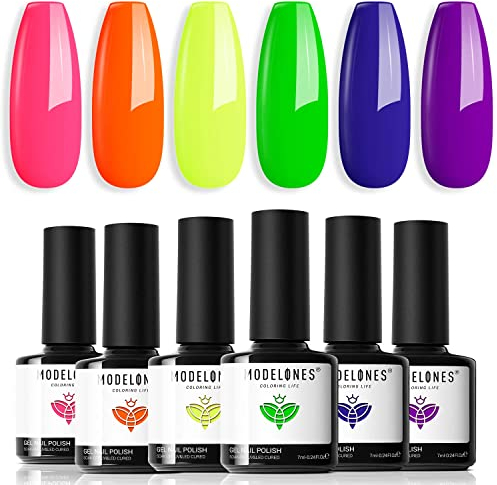 Modelones - Smalto UV neon in 6 colori, smalto gel di colore arancione, verde, blu, giallo, viola, rosa, adatto per l’estate, soak off, adatto per il fai da te, 7 ml