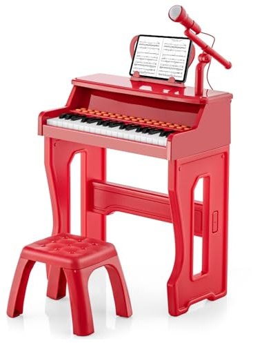 COSTWAY Piano Numérique à 37 Touches Enfants avec Tabouret & Microphone Réglable, Clavier Electronique avec Pupitre Amovible & 22 Démos, Charge 50kg pour Enfants de 3 Ans+ (Rose)