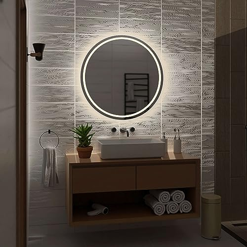 Alasta London Runder Spiegel 120x120 cm NeutralWeiß Badezimmer Spiegel Badspiegel Wandspiegel Badezimmerspiegel mit Beleuchtung
