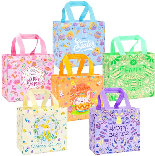 DULEFUN Easter Gift Tote Bags 6 Styles Easter Treat Bags Non-Woven Reusable Egg Hunt Bags for Easter Holiday Spring Party Favors and Gift Wrapping Supplies