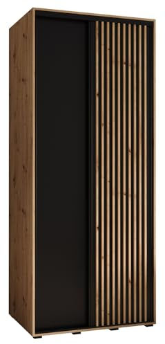 MEBLE KRYSPOL Lanko 1 Schrank mit Zwei Schiebetüren mit Stange, Regale - Moderner Aufbewahrungsschrank für Schlafzimmer, Wohnzimmer - 235,2x110x60 cm - Artisan Schwarz Artisan