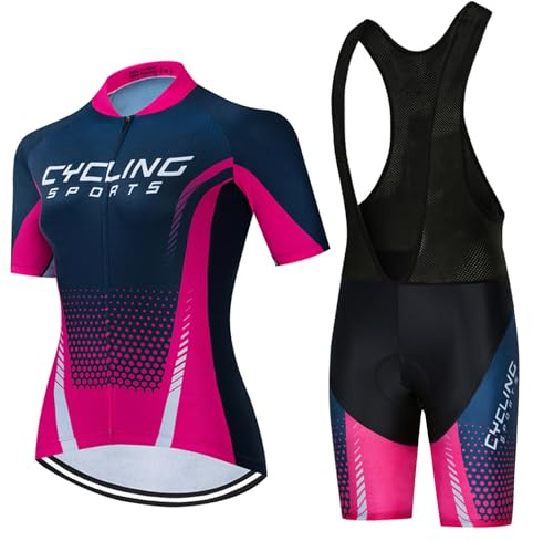 Conjunto Ropa Ciclismo Mujer Verano Traje Bici MTB Manga Corta,Maillot Ciclista Camiseta Ciclo y Culotte Tirantes con 19D Gel Acolchado,Completa Bicicleta Jerseys Transpirable Secado Ráido(7,L)