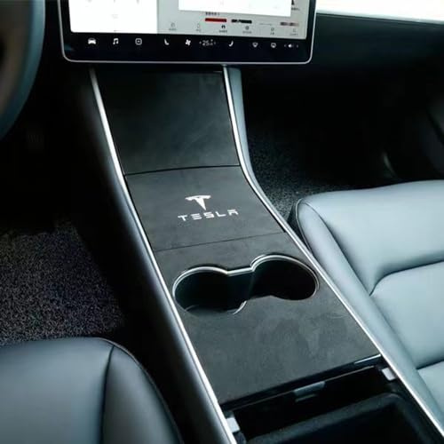 QuTbag Suede Car Center Console Armrest Wrap, Black, Gray, Center Console Decorative Stickers, Interior Decoration Kit Accessories, For Tesla Model 3 2017-2020,logo-bearing