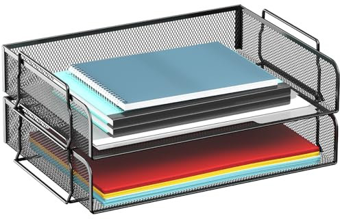 GAWERK 2 nivåer stapelbar brevkorg, metallnät fil förvaring skrivbord organiserare för hemmakontor, svart