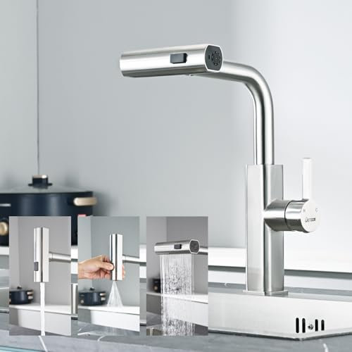 Wasserhahn Küche Ausziehbar mit 3 Strahlarten, DETBOM Wasserhahn Küche für Kalt- & Warmwasser, mit Abnehmbarem Luftsprudler, 360° Drehbar Küchenarmatur Ausziehbar, Gebürsteter Edelstahl