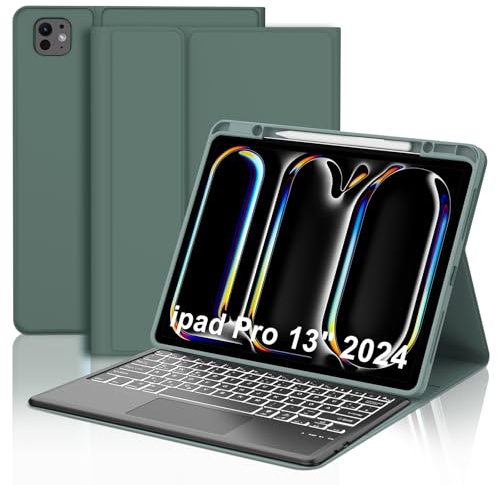 Hülle mit Tastatur für iPad Pro 13 M5 2025/M4 2024 con Touchpad, Deutsches QWERTZ Layout, Magnetisch Abnehmbare Bluetooth Beleuchtung Tastatur für iPad Pro 13 Zoll M5/M4 (2025/2024), Dunkelgrünes