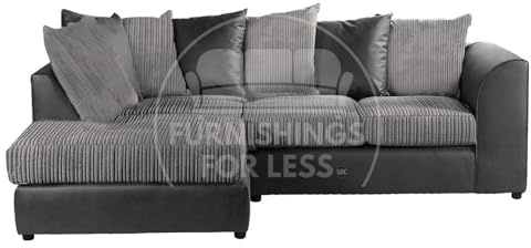 Furnishings For Less UK Luxor L Shaped 4 Seater Corner Sofa Black and Grey Jumbo Cord Leather Like Scatter Back Deep Seated Foam (Left Hand Facing Corner Sofa)