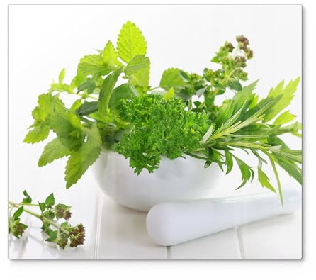 DEQORI Herdabdeckplatte Glas | einteilig 60x52 cm | Motiv Frische Kräuterkraft | Ceranfeld Abdeckplatte für Küche | Herd-Abdeckung universal | Glasplatte & Schneidebrett für Kochplatten