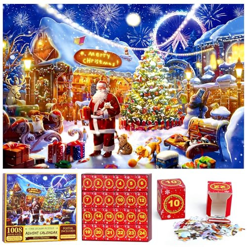 FTUREERA Puzzle Adventskalender 2024, 1008 Teile Weihnachts Jigsaw Puzzle, 24 Tage Countdown bis Weihnachten Puzzle, Adventskalender Weihnachtspuzzle Weihnachtsgeschenke für Erwachsene Kinder