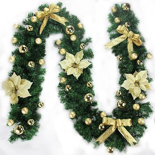 HEIBTENY 2,7M Tannengirlande Weihnachts Girlande Grün Weihnachtsgirlande Mit Weihnachtsblumen Und Schleife Mit Oder Ohne Beleuchtung Outdoor Indoor Weihnachten Deko(Gold)