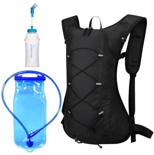 Trinkrucksack mit Trinkblase, Laufrucksack mit Trinkflasche, Schwarz Wanderrucksack mit Wasserblase 2L und Faltbare Trinkflasche 500ml für Wandern, Laufen, Marathon, Jogging, Radfahren