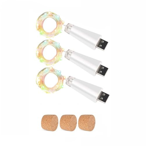 KOBWA Weinflaschen Korklichter, USB-aufladbare 15 LED Kupfer-Stringlichter, 59 Zoll – für DIY Flaschendekoration Hochzeit Party Heim Außenbereich Garten und Weihnachtsdekoration(Mehrfarbig, 3er-Pack)