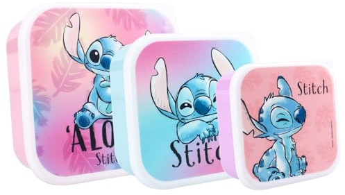 Disney Lilo & Stitch Aloha – Juego para aperitivos (3 en 1) para niños 3 recipientes porta merienda encajables – Porta merienda aperitivos escuela guardería deporte