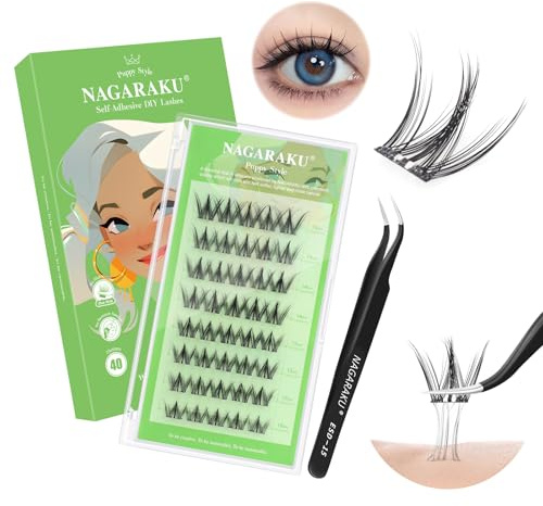 NAGARAKU Puppy Eyes självhäftande ögonfransar med pincett 40 fans C 10–16 mm | Puppy Eyes look, enstegs applikation utan lim och borttagare återanvändbart mjukt tunt band oskyldig makeup effekt