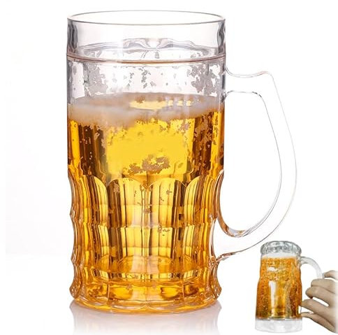 kychenBase Bicchiere da birra finta, 450 ml, a doppio strato, con manico, boccale in plastica per scherzi per bar, casa e feste, regalo durevole e divertente per bevande e fresche vibrazioni estive