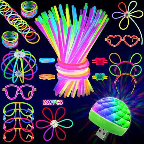 Christmas Decorations,MOSSDNAR 100 Christmas Glow Sticks,229pcs Party Pack with USB Mini Disco Light Neon Accessories,Party Bag Fillers for Adult Children,Glow in Dark Party Supply for New Year Eve
