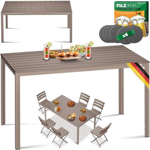 KESSER® Gartentisch 156x78cm für bis 6 Personen Esstisch Wetterfest & UV-Beständig | Outdoor Tisch mit pulverbeschichteter Stahl-Gestell & Kunststoff Tischplatte in Holz-Optik inkl. 6 Filz-Untersetzer