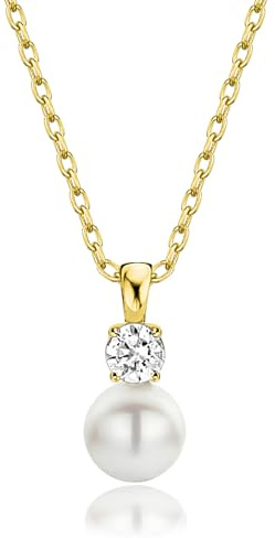 Love Me Santika Perlenkette Für Damen 925 mit Anhänger | Elegante Silber Halskette mit Zirkoniumsteinen | Damen Perlen Kette | Kette Schmuck Geschenk für Frauen, Vergoldete Option (C-039-2)