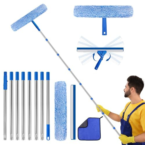 10Ft (3m) Window Squeegee Cleaning Equipment kit with Long Handle - Extendable Window Cleaner Tool Kit, Window Squeegee and Microfiber Window Washer Kit for High Windows, Shower Glass, Car, RV