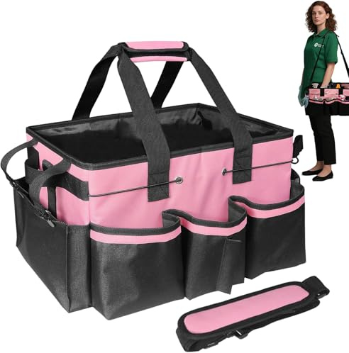 HUAXITRA Cleaning Caddy Bag with Handle - XXL 900D Waterproof Cleaning Tote for Housekeepers, Adjustable Shoulder Strap, Extra Large Multi-Pocket Storage Organizer for Cleaning Supplies (Pink)