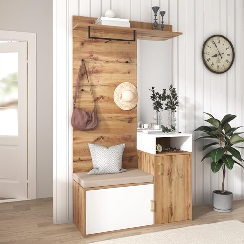 boorbin Elegantes weißes und holzfarbenes Garderoben-Set mit Spiegel, Schuhschrank, Wandgarderobe, Sitzbank und Kleiderhaken,Requires Drilling and Punching Holes in the wall (105 x 40 x 190,5 cm)