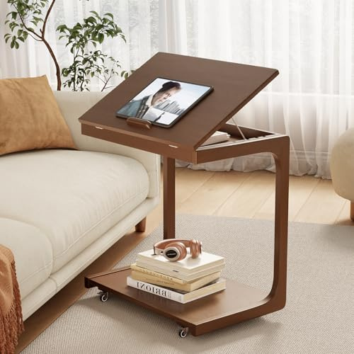 AQIMUELE Beistelltisch Holz, Sofatisch mit Rollen, C-Form, Mobiler Kaffeetisch, 60B x 40T x 63H cm, Wohnzimmertisch für Kaffee und Laptop (Walnussbraun)