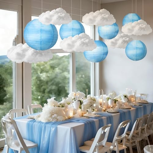 Wettarn 6 Set Cloud Lights for Room Ceiling Blue Sky White Cloud Party Decoration Paper Lanterns with Fiber 3D Clouds Hanging DIY 9.85 X7.87 Round Paper Lanterns for Bridal, Wedding Party Favor