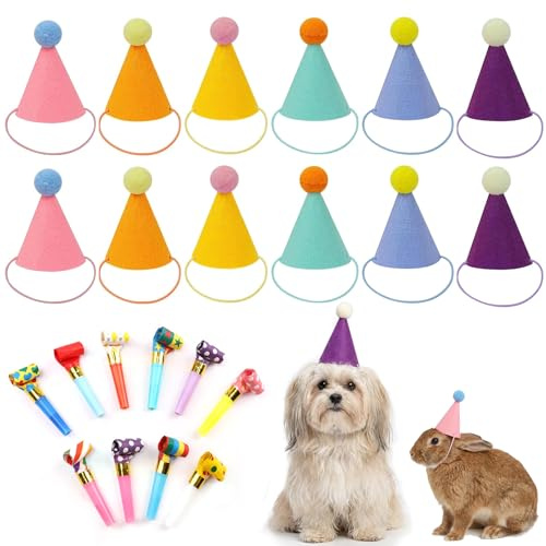 WangVipfei 12 Stück Mini-Partyhüte für Kuscheltiere, 12 Lufttröte Pfeife, Kegelhüte für Geburtstagspartys, Partydekor, Verstellbarer Kegelhut, Hunde, Katzen, Verschiedene Tiergeburtstagsdekorationen
