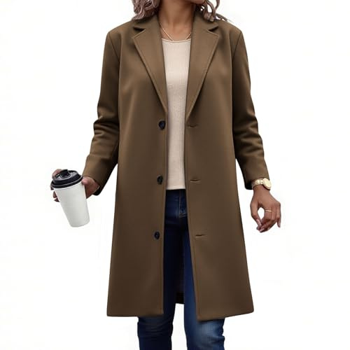 KODMNSW Wollmantel Damen Lang Fleecemantel Winterjacke V-Ausschnitt Elegant Dufflecoat Warm Wolljacke Einfarbig Wintermantel Trenchcoat Frau Winter Mantel mit Gefüttert Schulterpolster Braun M