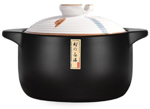 Bafnsiji 1.6L, Olla de Barro para cocinar, Olla de cerámica para cocinar, Cazuela de Barro, Cazuela de cerámica Negra con Tapa, Olla de cerámica para guisos y sopas