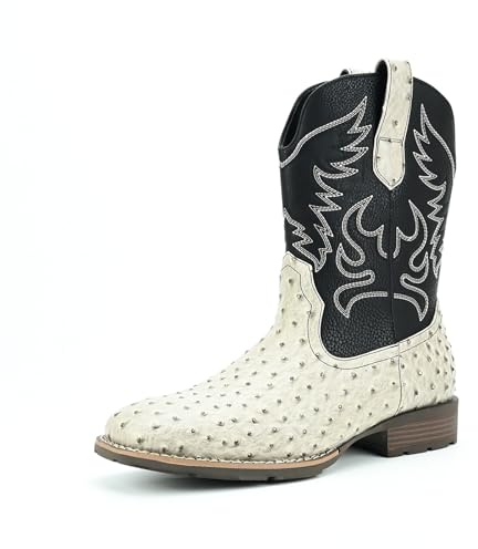 Cowboystövlar för män Western Boots med fyrkantig tå slitstark retro klassisk krokodiltryck utan snörning halkfri, Vit och svart, 43 EU