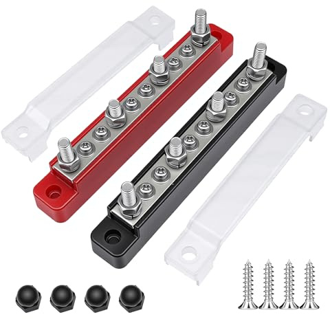 2 PCS 150A 12V - 48V Bus Bar, 4 x 1/4 (M6) 6 x #8 (M4) Studs Power Distribution Terminal Block 48V DC Car Boat Marine Solar System for Cars RVs Ships Yachts - Negative+Positive (Red & Black)