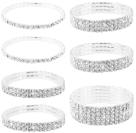 Mikovivi 7 Bit Strass Armband Set för Kvinnor, Silver Glittrande Zirkonia Tennis Töjbara Armband Bling Bröllop Vigsel & Fest Tillbehör Smycke Present