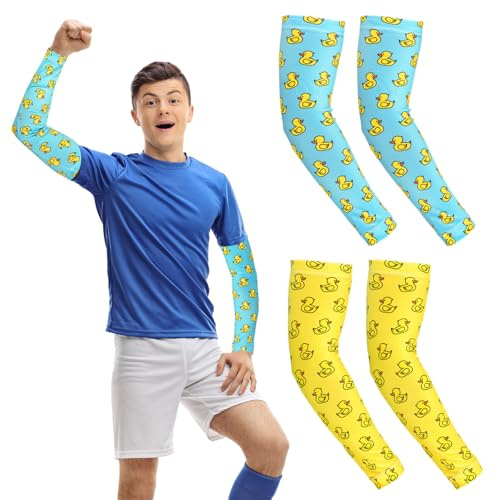 Bunnycool 2 Pairs Arm Sleeve Kids Youth Ice Cearm Baseball Football Volleyball Duck Palm Tree Compression Arm Sleeve(Yellow Duck,Blue,Yellow)