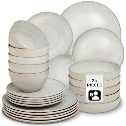 tectake® Vajilla Completa para 6 Personas, Diseño Marítimo, Aptas para Lavavajillas y Microondas, Platos Vajilla, Cuencos y Tazas de Cafe, Vajillas Completas Modernas - 24 Piezas Arena