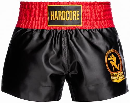 Hardcore Training Muay Thai Lucha Pantalones Cortos Shorts Hombre Kickboxing Boxeo MMA Combat Sport Sparring (FR/ES, Letras, XS, Regular, Regular, Red Black Gold)