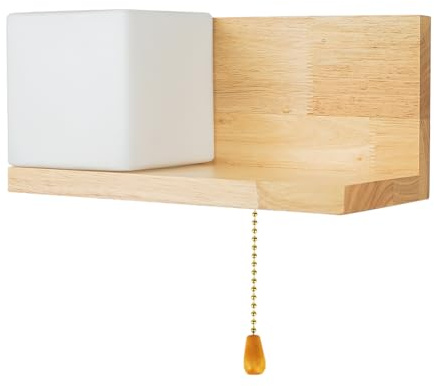 YLTLINK Wooden Wall Lamp with Pull Cord,Modern Wall Lights Sconce with Shelf, White Glass Shade and Natural Wood Base,Wall Light for Living Room Bedroom Hallway Stair Home Decor,31x14CM,E27 Bulb Base
