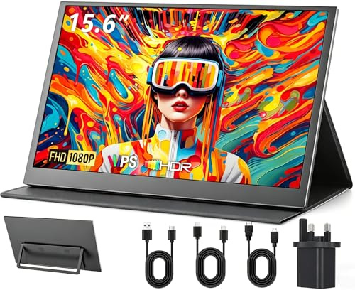 Xyvolve Monitor portátil de 15.6 pulgadas FHD 1080P IPS con altavoces duales de 5 W, 100% sRGB, mini HDMI y USB dual, incluye funda y cables para portátil/teléfono/juegos