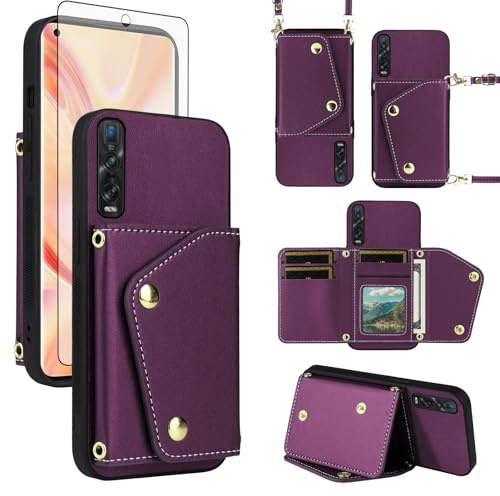 ELISORLI Wallet Case for OPPO Find X2 Pro with Tempered Glass Screen Protector Slim Flip Purse Shoulder Strap, Luxury PU Leather Card Holder Stand Cell Phone Cover for CPH2025 Women Men Deep Purple