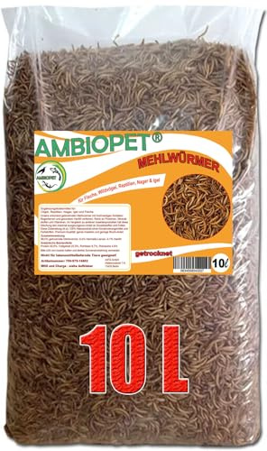 Ambiopet getrocknete Mehlwürmer in 10L Abpackung, Protein- und fettreich, verfeinert und gesiebt, für Fische, Nager, Vögel, Reptilien, auch Koifutter oder Igelfutter