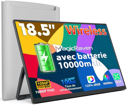MAGICRAVEN 18.5 Drahtloser Portable Monitor mit 10000-mAh Akku, 1080P FHD IPS Tragbarer Monitor, Laptop Bildschirm Erweiterung, Mobiler Monitor, Unterstützt AirPlay/Miracast,für Laptop/Telefone