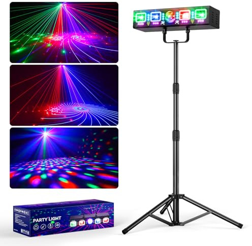 KeoBin 6-in-1 Discolicht Partylicht mit 61 Zoll Stativ& RGB, UV & Strobe | Discokugel, Musiksteuerung, 6 Auto-Programme, 18CH DMX512, Fernbedienung, 24–61 Zoll höhenverstellbar für Partys & Clubs