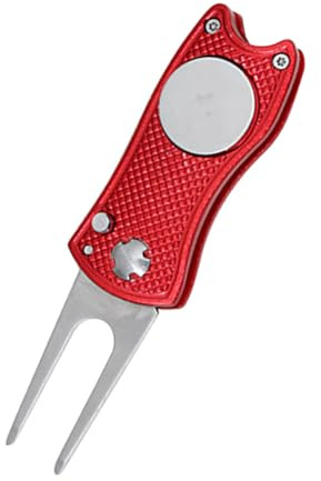 MOBUTOFU Forchetta da Golf Pieghevole in Acciaio Inox e Alluminio Leggero Marcatore per Palline Kit Riparazione Tappeto Verde Accessorio Rosso per Golfisti
