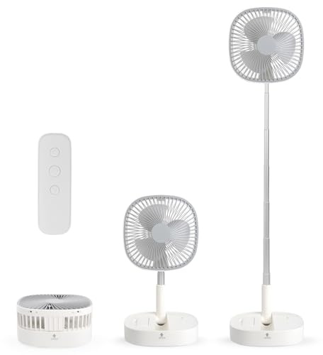 Magesh Portable Pedestal Fan - Foldaway Standing Fan Foldable Desk Fan, Use 7200Mah Rechargeable Battery, Remote Control Telescopic 4 Speed Quiet Timer Fan for Home Kitchen Outdoor Camping (Gray)