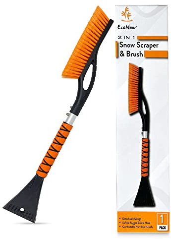 EcoNour 27 Aluminum Ice Scraper for Car Windscreen (Orange) | Weaved Bristle Head with Metal Body Ice Scrapers | Tough Ice Scraper with Foam Grip Snow Removal Winter Car Accessories