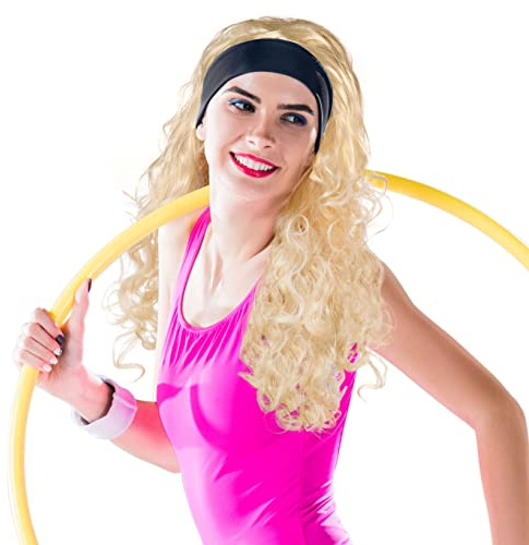 Lockige Aerobic Langhaar Perücke blond mit integrierten schwarzem Stirnband | Curly Wig | Haarschmuck | 80er Jahre Toupet | Headwear | Karneval Fasching Halloween Party