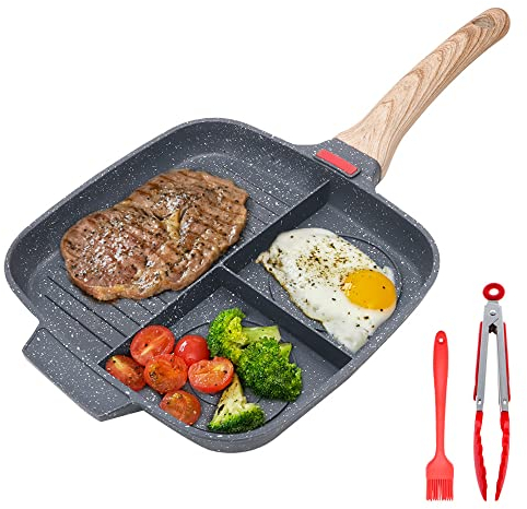 Bobikuke Multi Grillpfanne Induktion, Steakpfanne 3 in 1 Antihaft Beschichtung Geteilte Bratpfanne Für Frühstück, Steak, Speck, Kompatibel Für Alle Herdarten, 27 x 24 cm (Schwarz)
