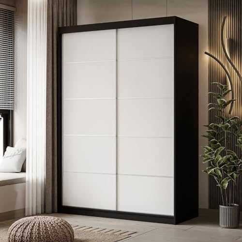 lukmebel Kleiderschrank mit Schiebetüren Camaro Plus 150x59x215 cm Schrank Shwarz Weiß - Schlafzimmer Möbel - Aluminiumgriffe - Mehrzweckschrank - Kleiderstange Schrank