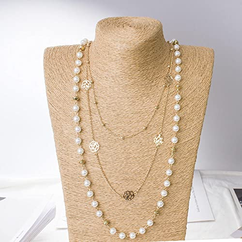 PAIHUIART Halskette Pulloverkette Ketten Schmuck Frauen Anhänger Necklace Kamelie Blume Perlenkette Weibliche Pullover Kette Blumen Mehrschichtige Kleidung Zubehör Lange Halskette