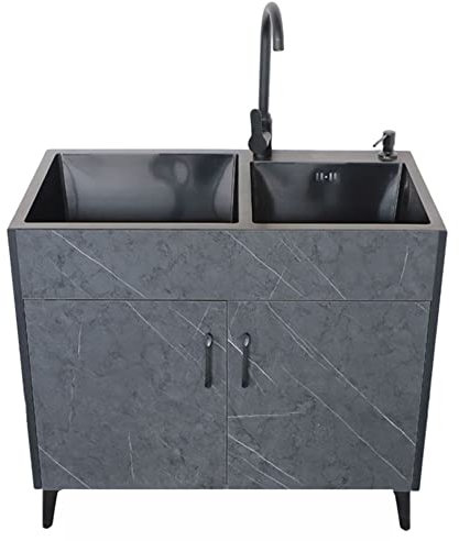 Mobile per Cucina Sottolavabo,Armadietto Sottolavabo con 2 Ante,Mobiletto Sottolavello Cucina con Rubinetto,Lavatoio in Acciaio Inox Autoportante 2 Vasca,per Garage Lavanderia Esterno ( Color : Black